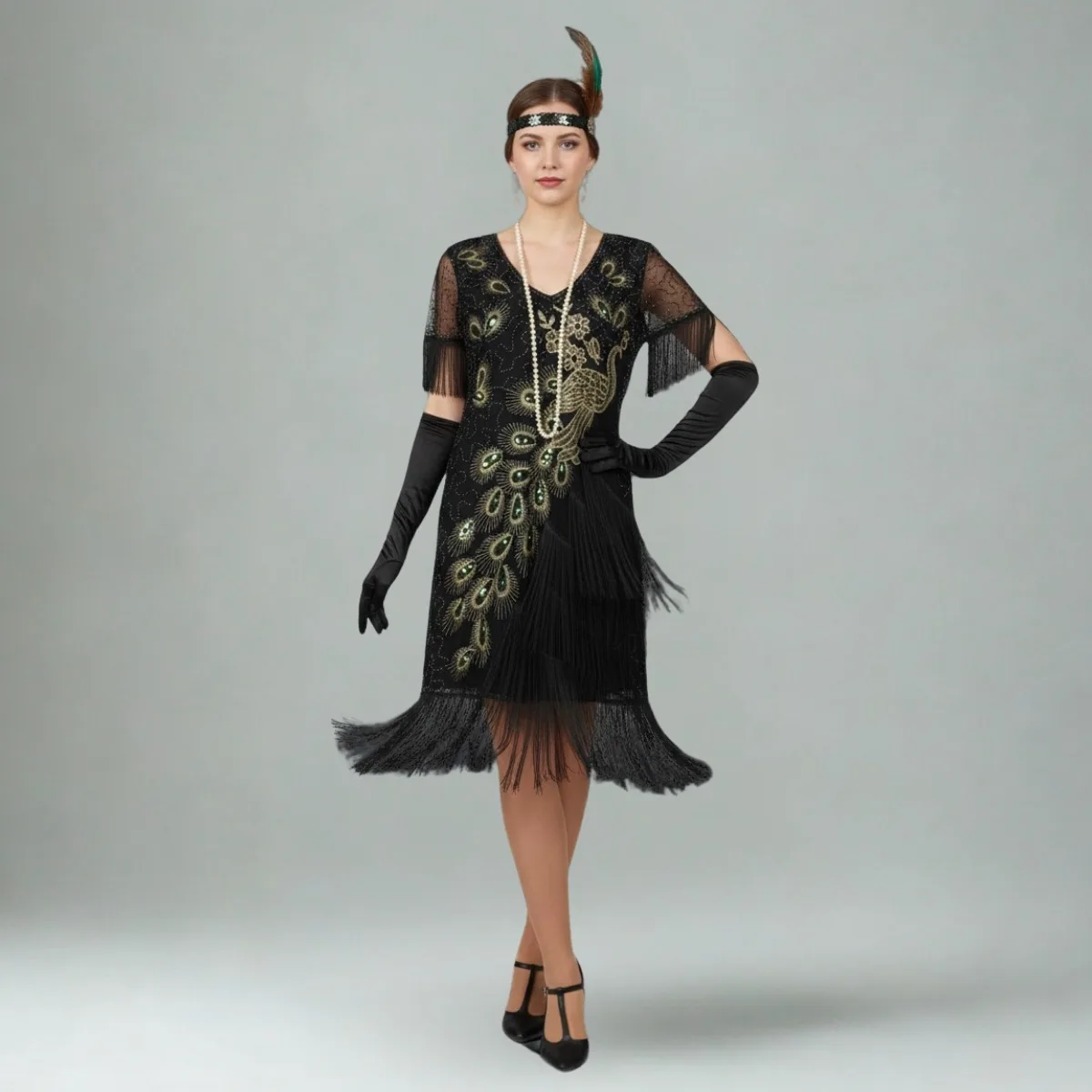 Black Gatsby dress with a peacock