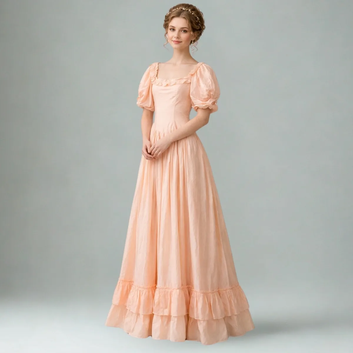 Romantic lady in a peach dress (Victorian-era costume)