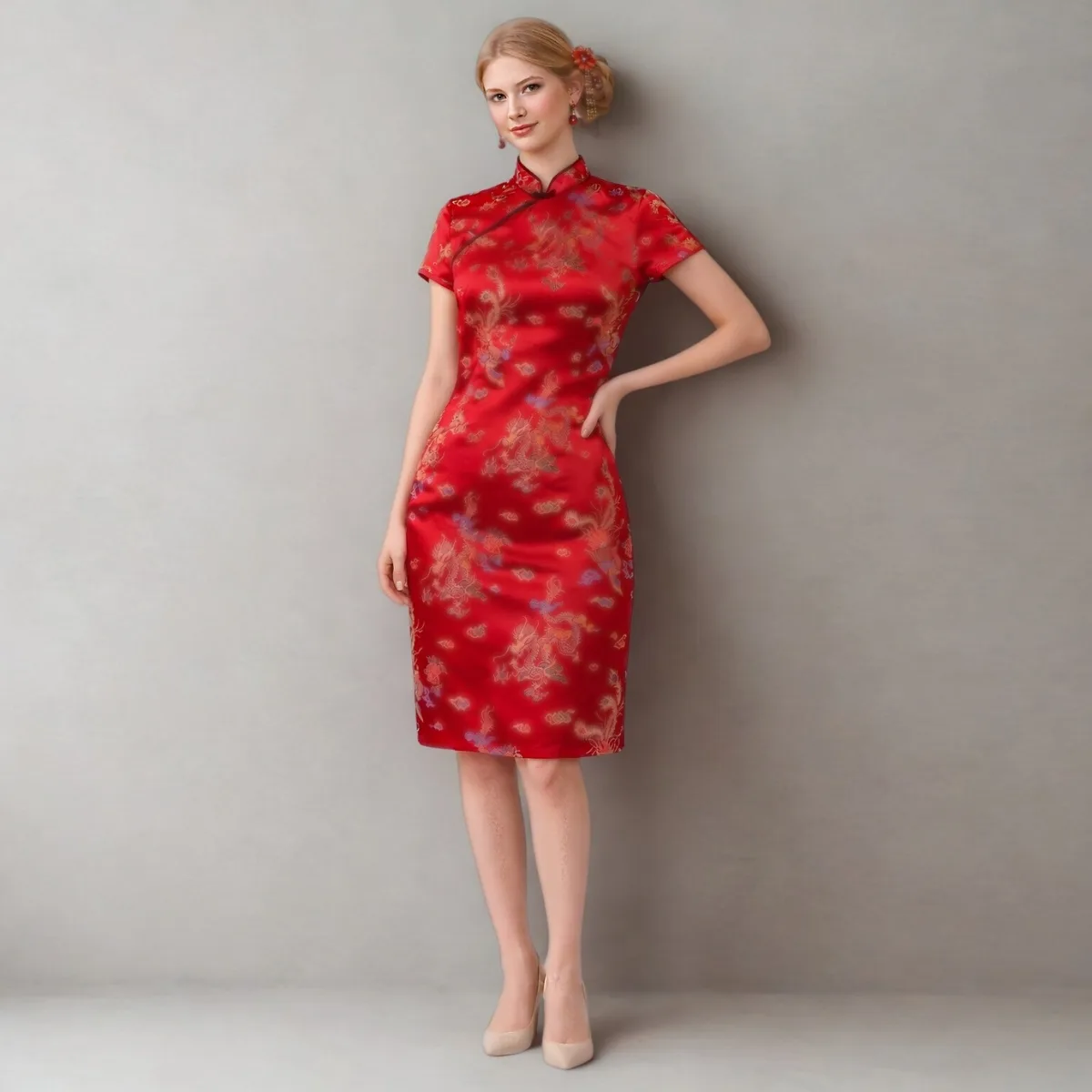 Red Chinese qipao-style dress