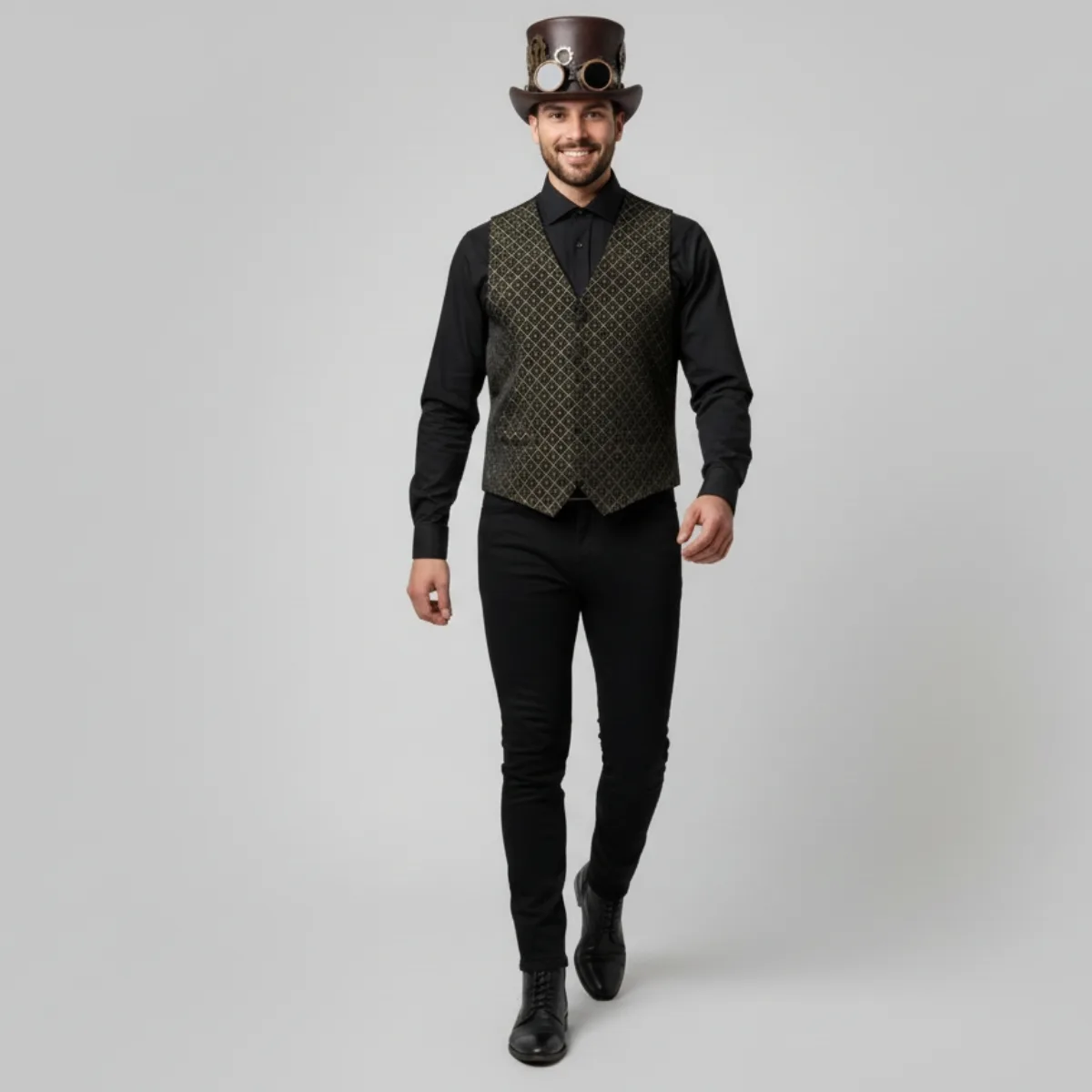 Steampunk vyriškas kostiumas – juodos ir aukso liemenės derinys