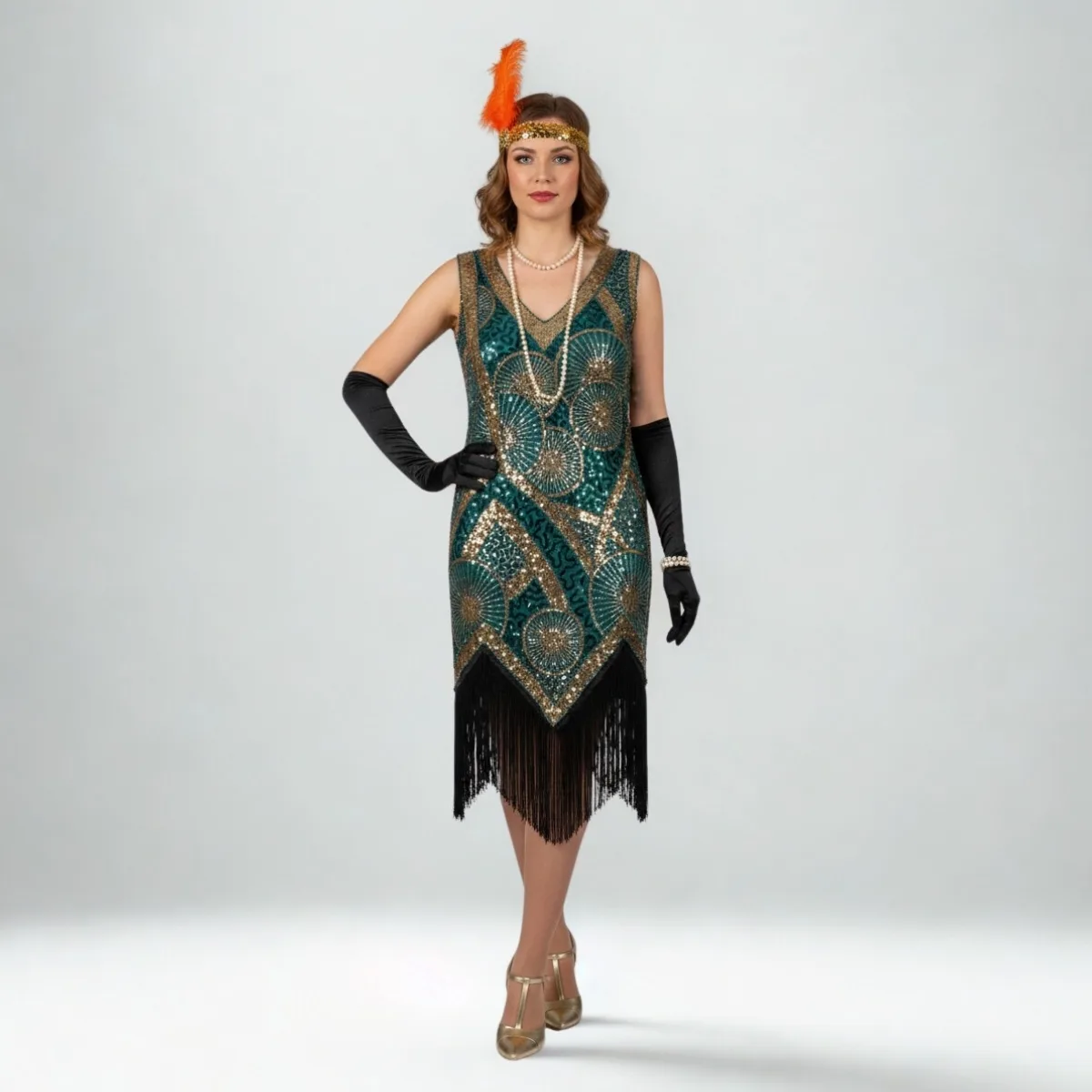 Emerald retro dress with gold sequins and fringe