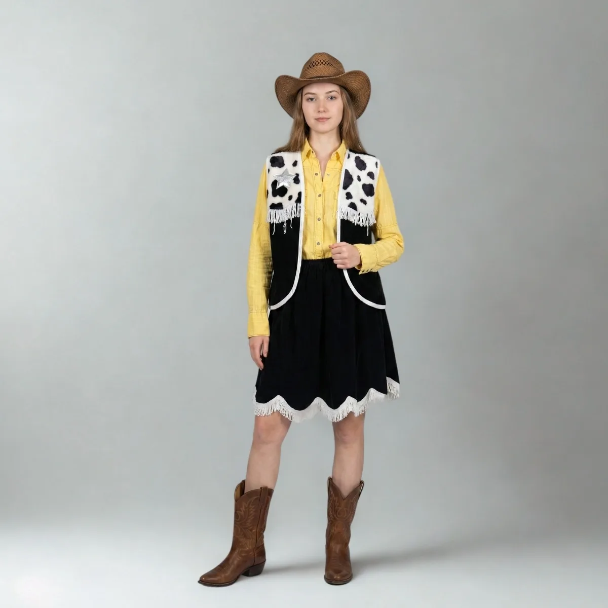 Cowgirl with a cow-print waistcoat