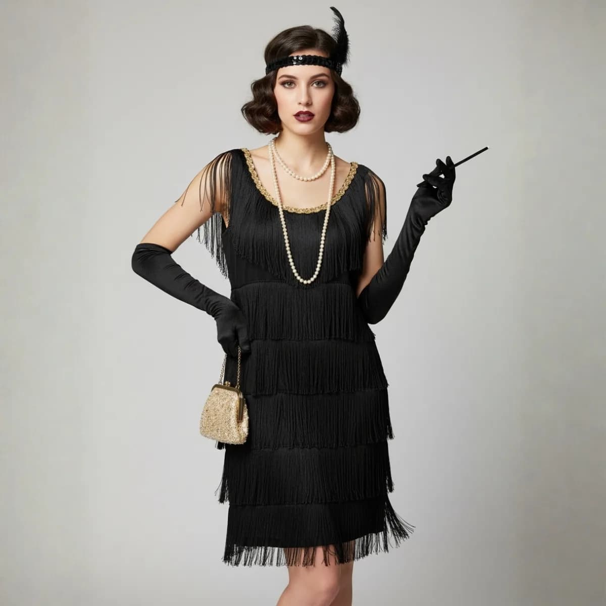Black retro-style dress with a golden accent