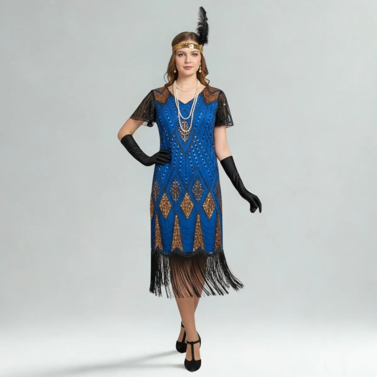 Blue Gatsby dress with golden diamonds