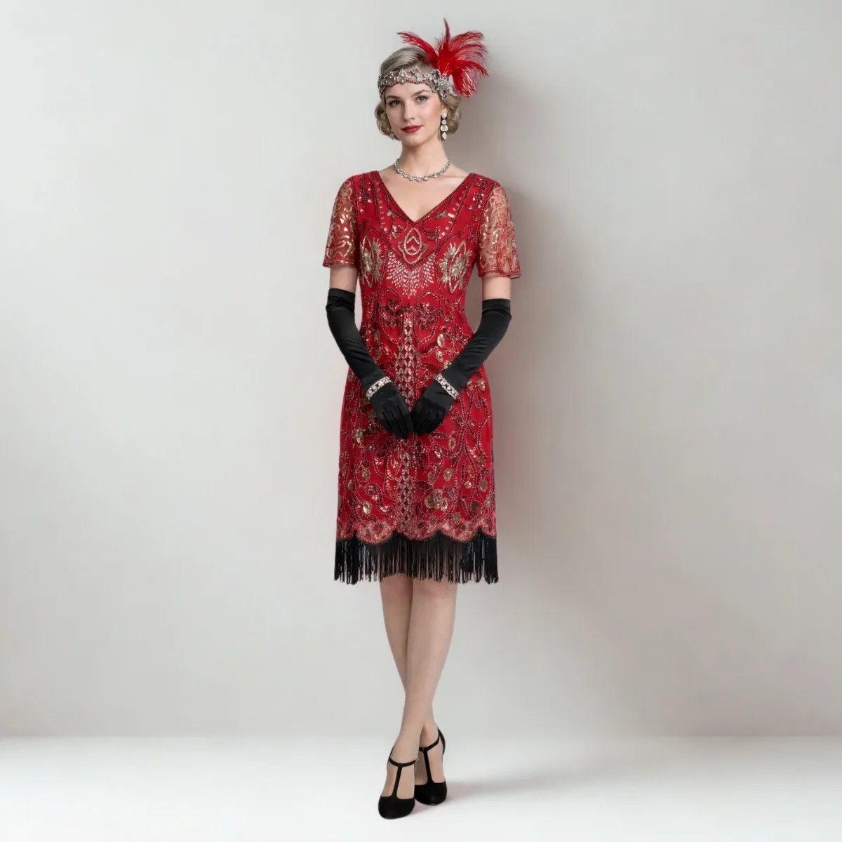 Red 1920s retro dress with silver ornamentation