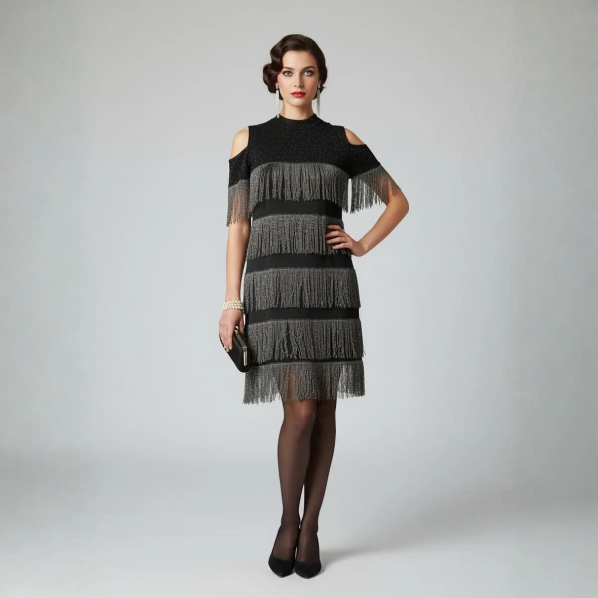 Black retro dress with silver fringe