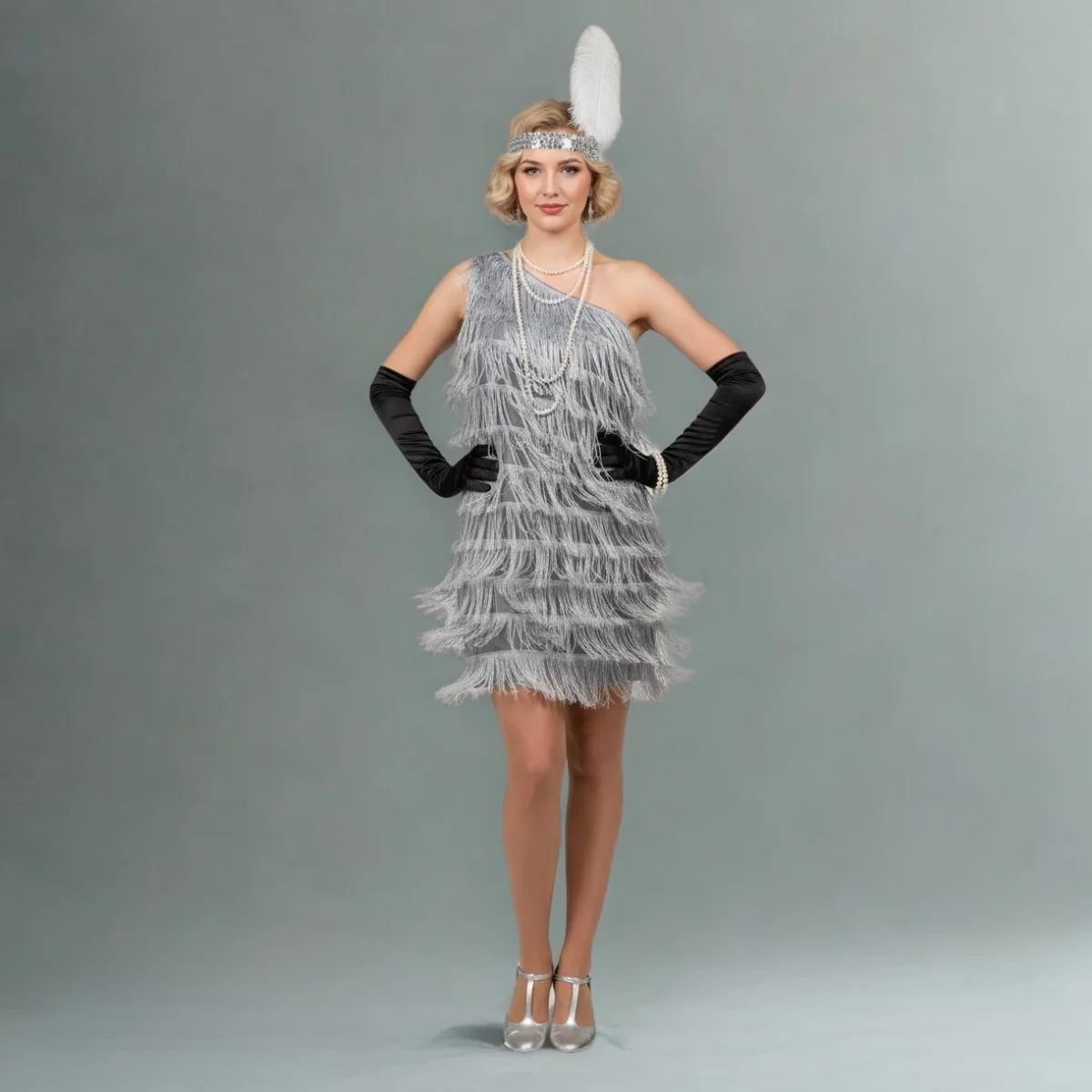 Silver Gatsby-style fringed dress