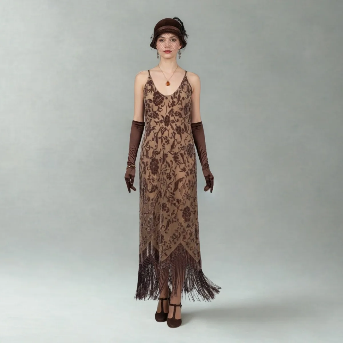 Long light-brown retro dress with fringe