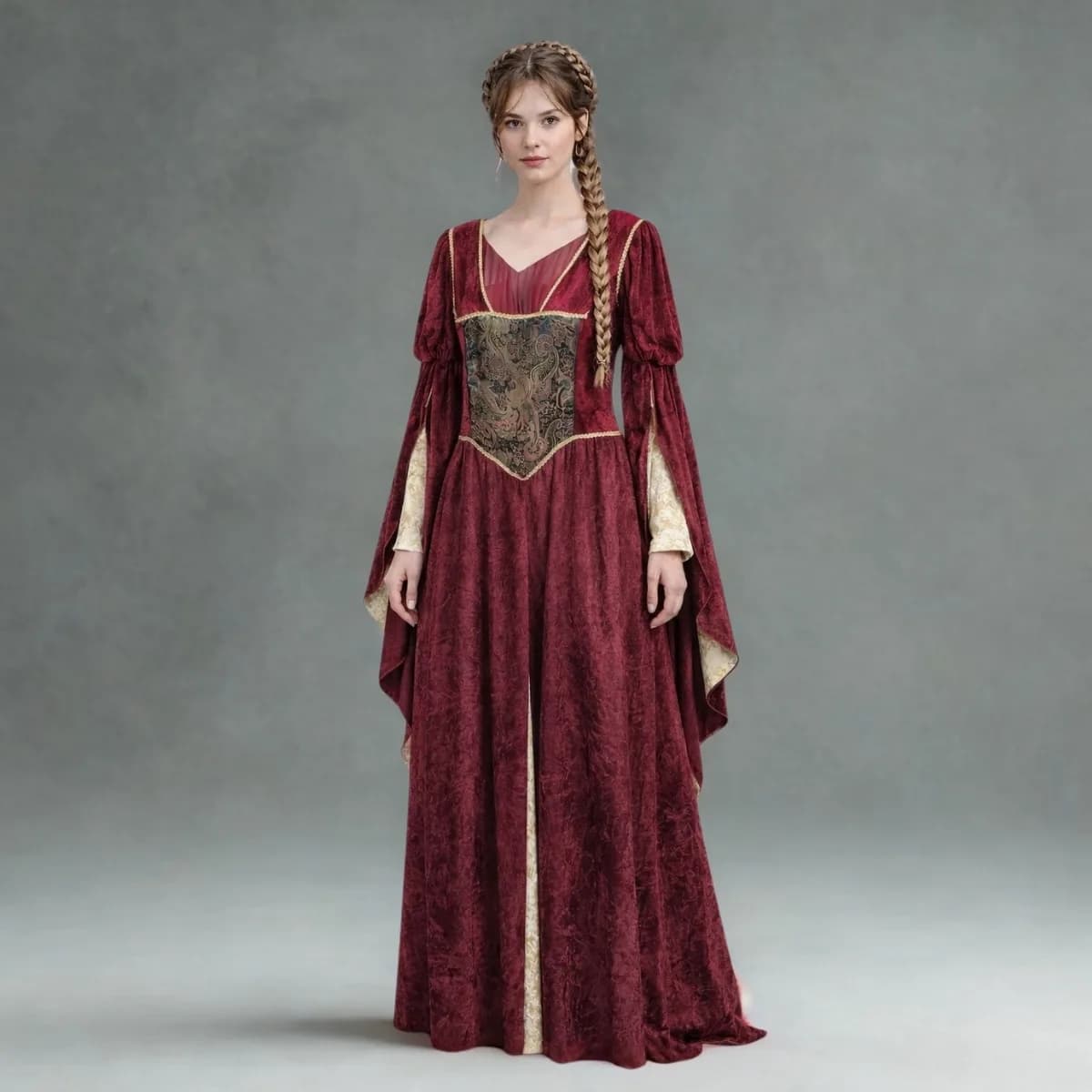 Lady in a cherry-coloured dress (medieval-style costume)